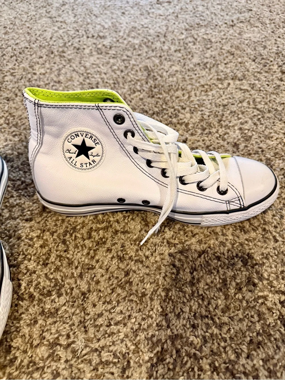 Unisex White Leather High-Top Converse Sneakers with Neon Lime Lining